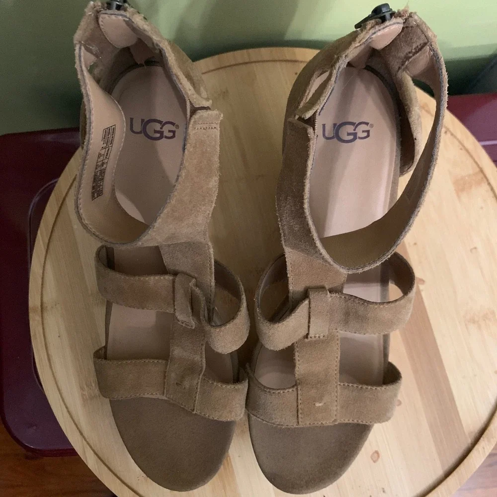 UGG Wedge Sandals Womens 8.5 Chestnut Whitney Suede Cork Platform  Strappy Heel